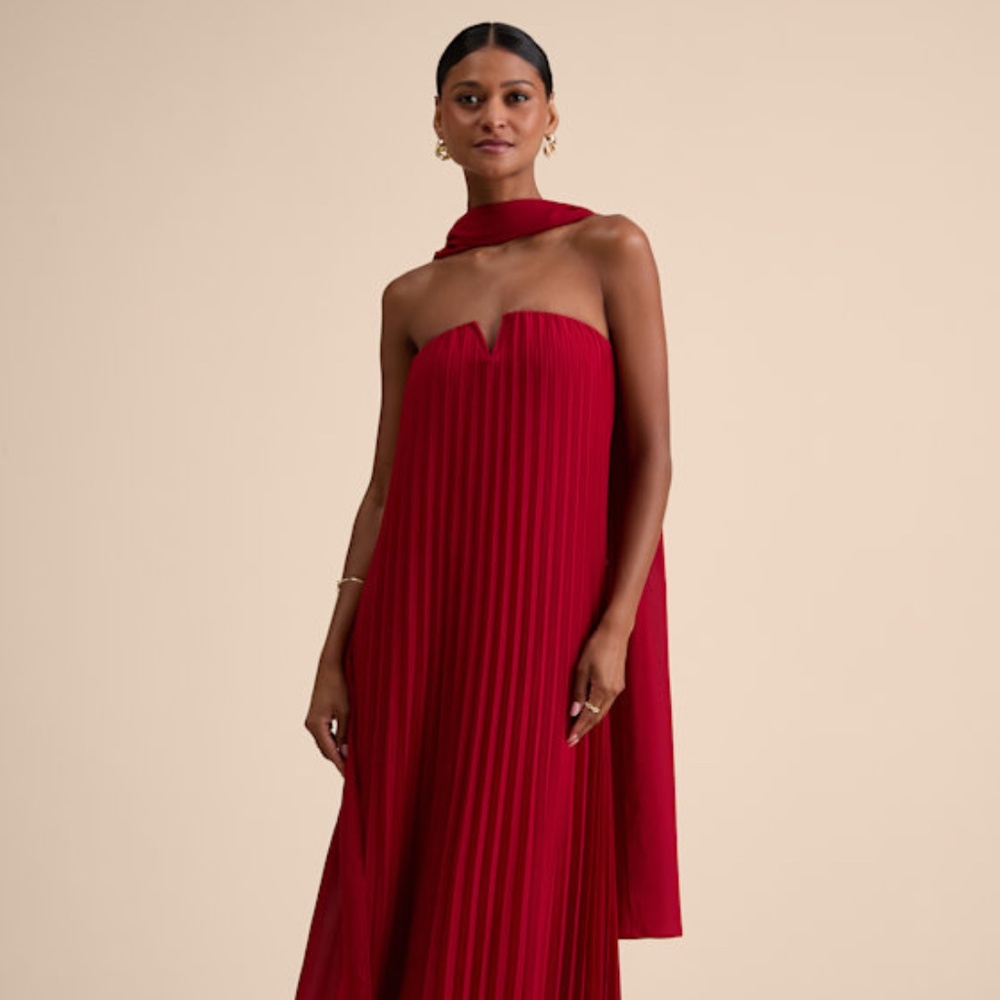 Lulus Lael Dark Red Pleated Strapless Dress And Scarf Set - Size XL